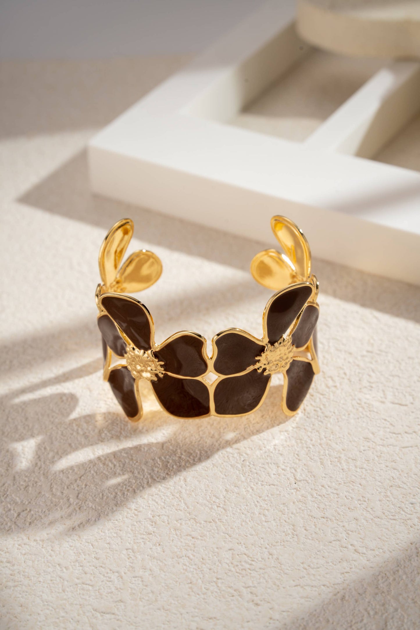 Gouden Bloemenarmband Marmeren Bloem Roestvrij Staal Verstelbaar