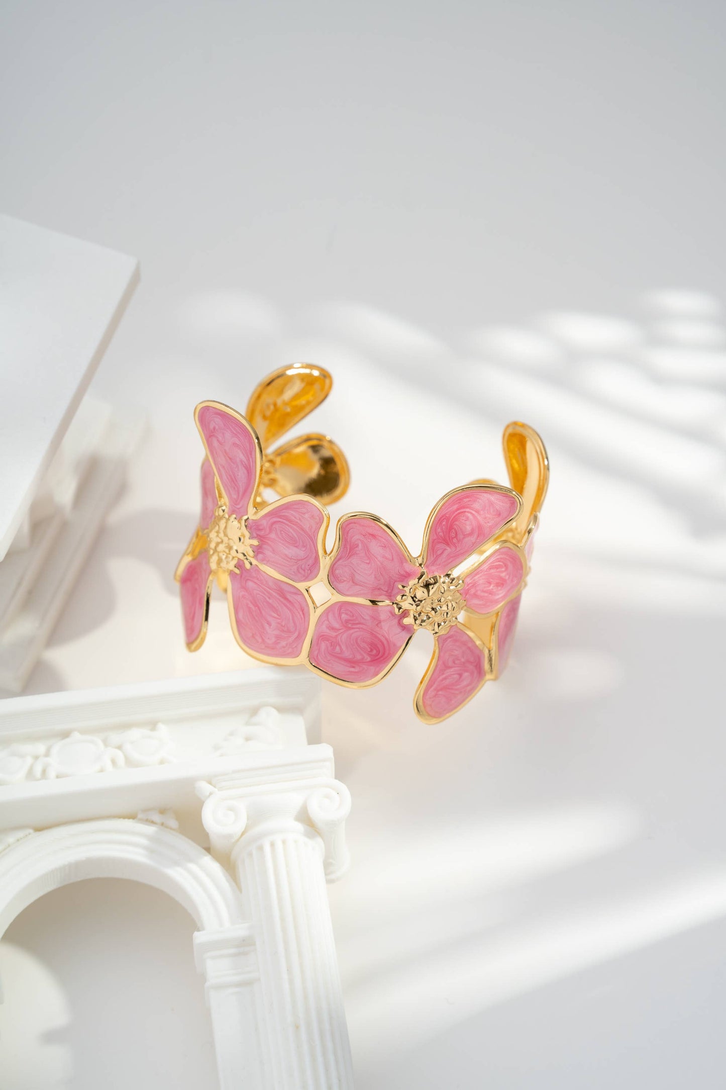 Gouden Bloemenarmband Marmeren Bloem Roestvrij Staal Verstelbaar