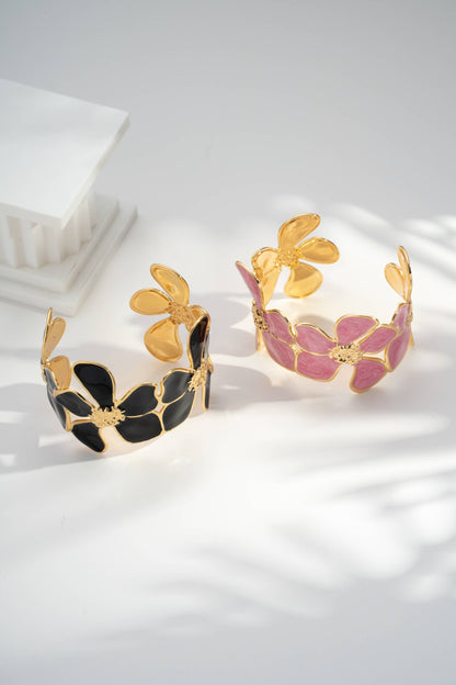 Gouden Bloemenarmband Marmeren Bloem Roestvrij Staal Verstelbaar