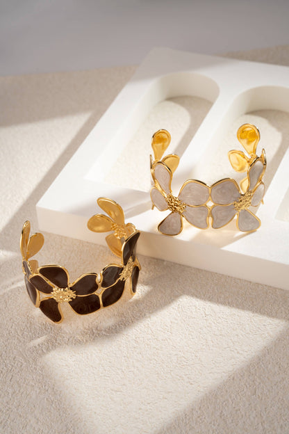 Gouden Bloemenarmband Marmeren Bloem Roestvrij Staal Verstelbaar