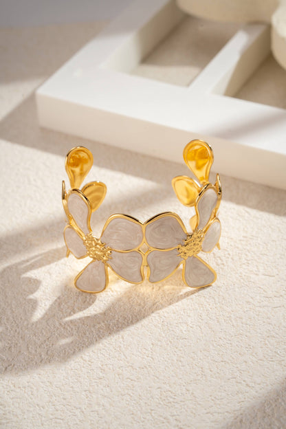 Gouden Bloemenarmband Marmeren Bloem Roestvrij Staal Verstelbaar